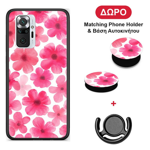 Pink Watercolour Flowers on White - Xiaomi Redmi Note 10 Pro / 10 Pro Max θήκη + Δώρο Phone Holder & Βάση Αυτοκινήτου