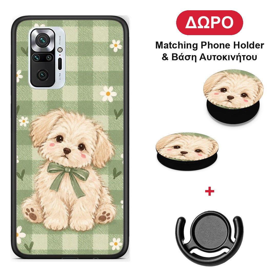 Puppy and Daisies on Sage Gingham - Xiaomi Redmi Note 10 Pro / 10 Pro Max θήκη + Δώρο Phone Holder & Βάση Αυτοκινήτου