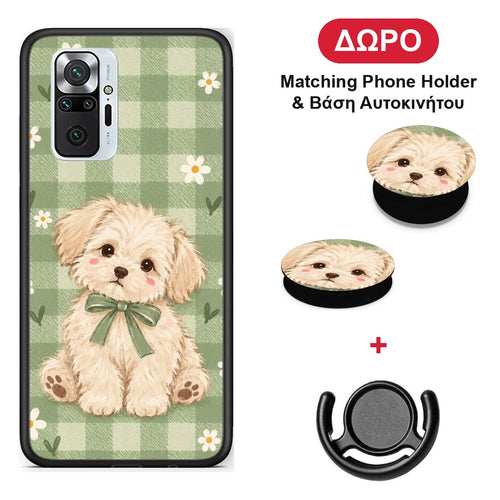Puppy and Daisies on Sage Gingham - Xiaomi Redmi Note 10 Pro / 10 Pro Max θήκη + Δώρο Phone Holder & Βάση Αυτοκινήτου