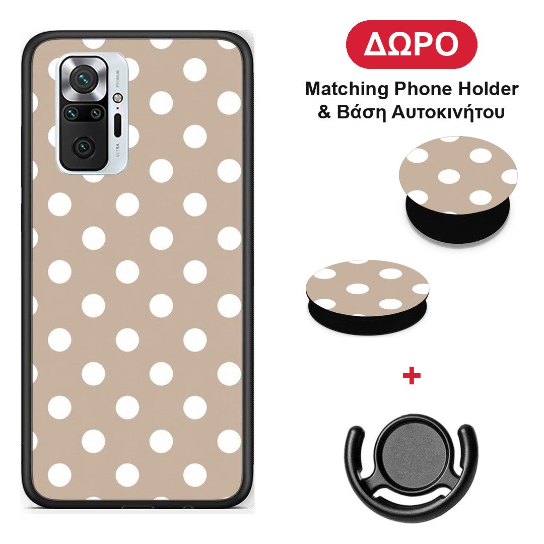 White Polka Dots on Taupe - Xiaomi Redmi Note 10 Pro / 10 Pro Max θήκη + Δώρο Phone Holder & Βάση Αυτοκινήτου