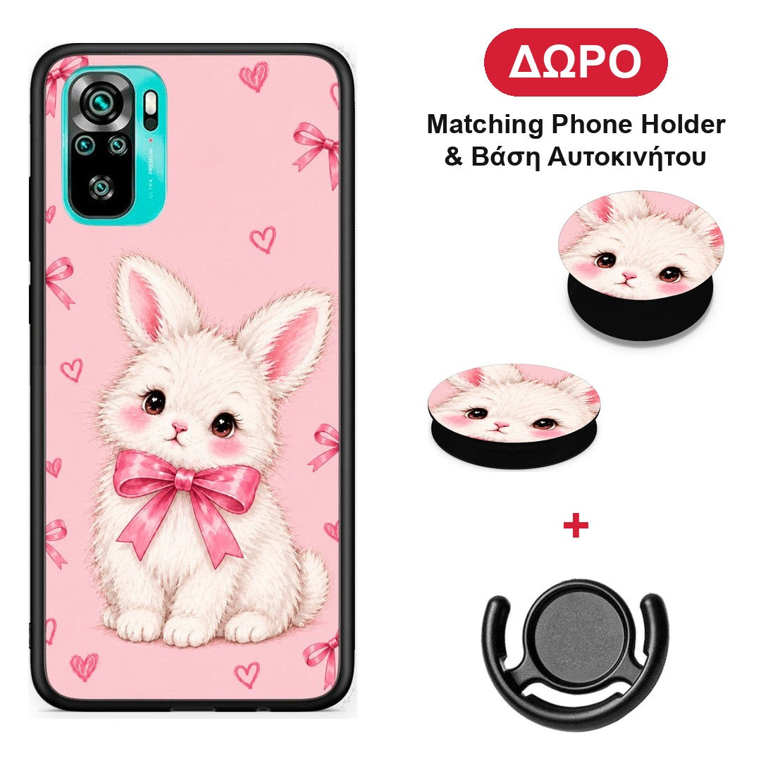 White Bunny and Pink Bows - Xiaomi Redmi Note 10S / 10 4G θήκη + Δώρο Phone Holder & Βάση Αυτοκινήτου