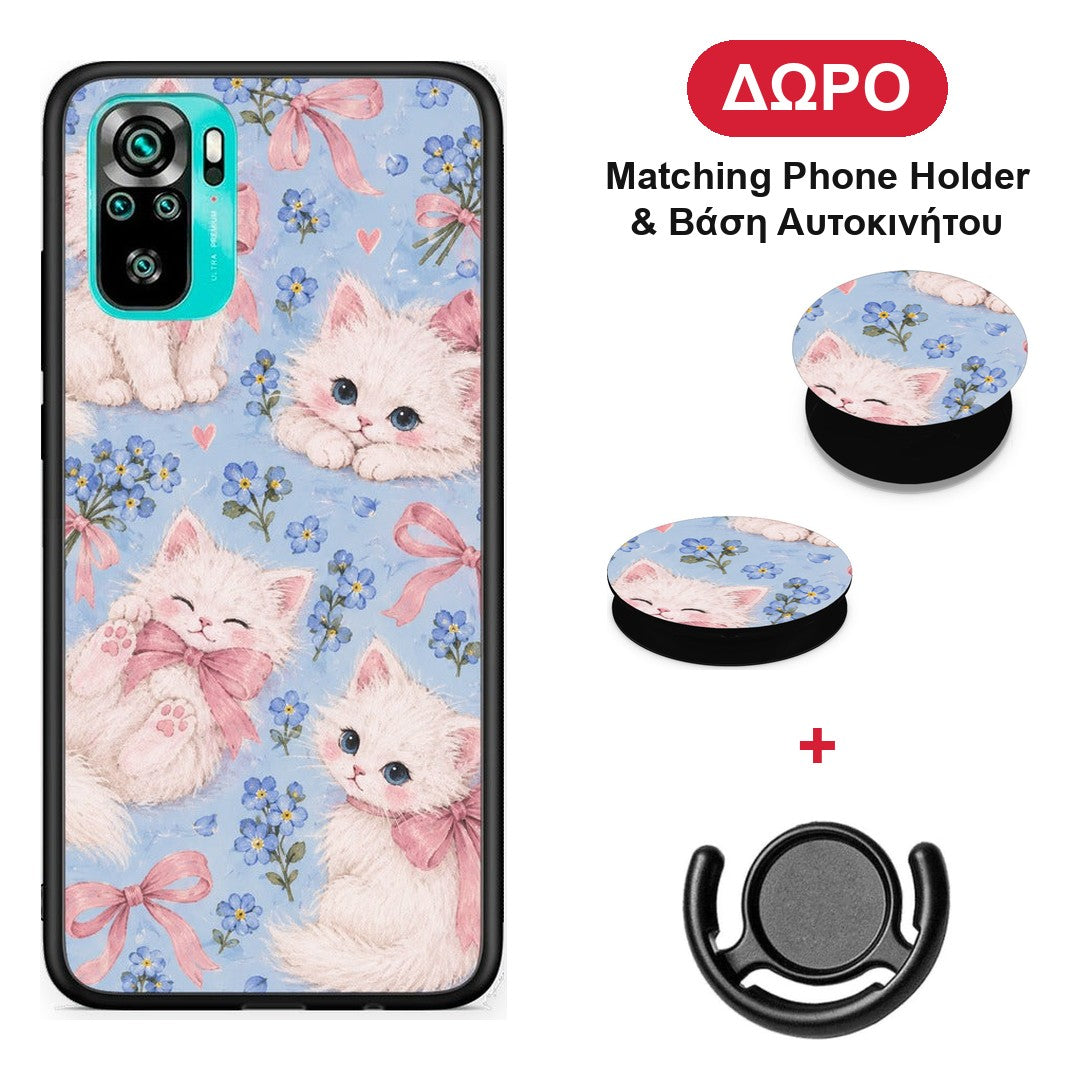 White Kittens and Blue Flowers Large - Xiaomi Redmi Note 10S / 10 4G θήκη + Δώρο Phone Holder & Βάση Αυτοκινήτου