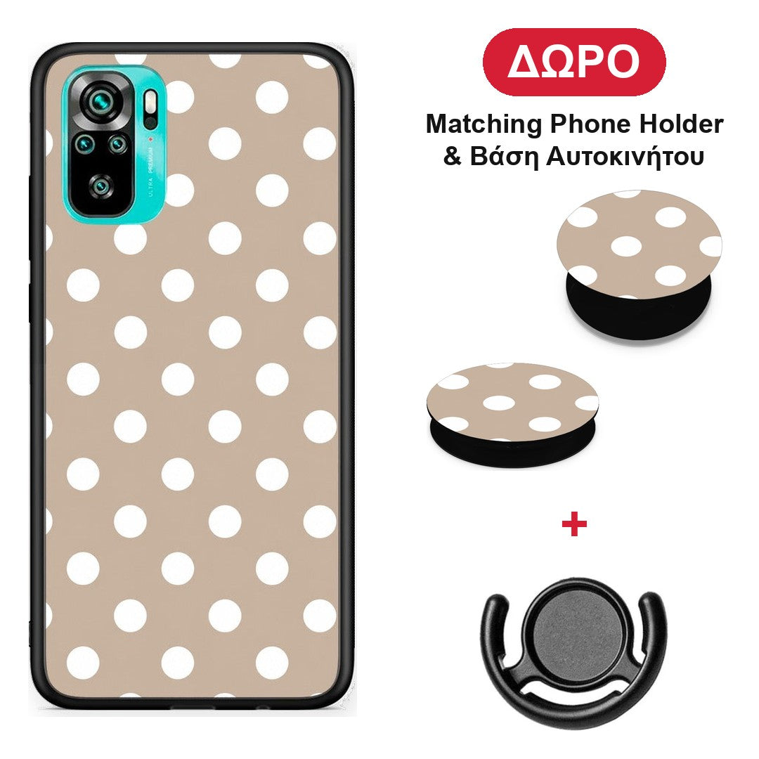 White Polka Dots on Taupe - Xiaomi Redmi Note 10S / 10 4G θήκη + Δώρο Phone Holder & Βάση Αυτοκινήτου