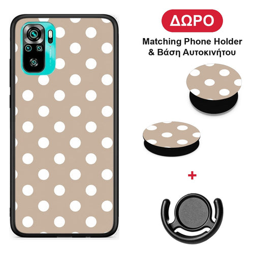 White Polka Dots on Taupe - Xiaomi Redmi Note 10S / 10 4G θήκη + Δώρο Phone Holder & Βάση Αυτοκινήτου