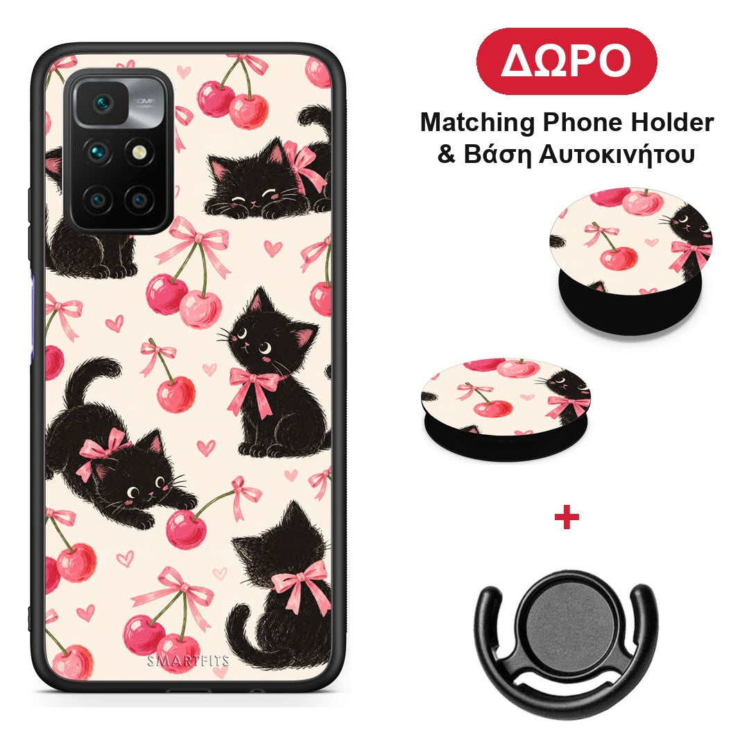 Black Kittens and Cherries on Cream - Xiaomi Redmi 10 θήκη + Δώρο Phone Holder & Βάση Αυτοκινήτου