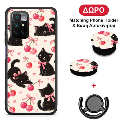 Black Kittens and Cherries on Cream - Xiaomi Redmi 10 θήκη + Δώρο Phone Holder & Βάση Αυτοκινήτου
