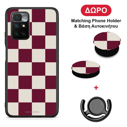 Burgundy and Cream Striped Checks - Xiaomi Redmi 10 θήκη + Δώρο Phone Holder & Βάση Αυτοκινήτου