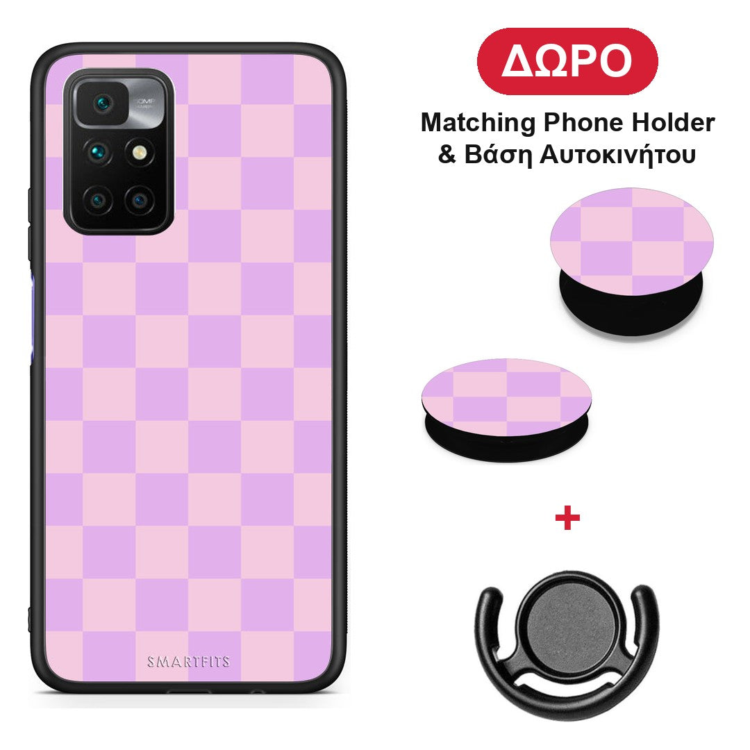 Lavender and Pink Checkerboard - Xiaomi Redmi 10 θήκη + Δώρο Phone Holder & Βάση Αυτοκινήτου