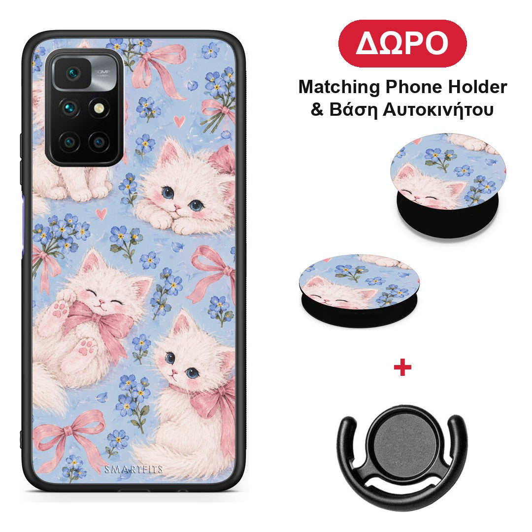 White Kittens and Blue Flowers Large - Xiaomi Redmi 10 θήκη + Δώρο Phone Holder & Βάση Αυτοκινήτου