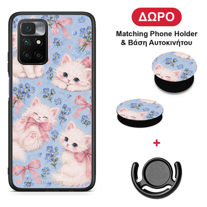White Kittens and Blue Flowers Large - Xiaomi Redmi 10 θήκη + Δώρο Phone Holder & Βάση Αυτοκινήτου