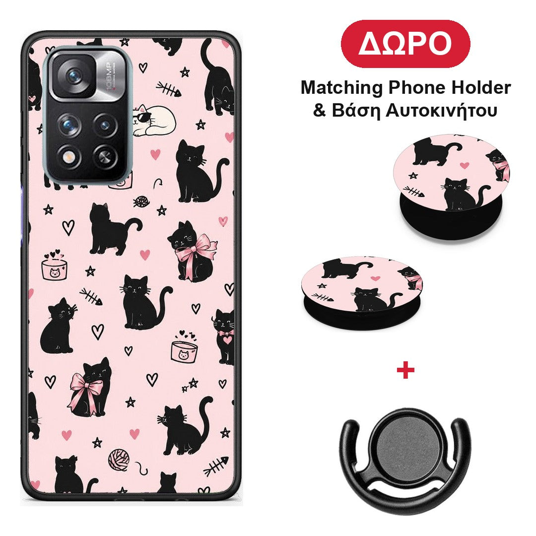 Black Cat Doodles on Pink - Xiaomi Redmi Note 11 Pro+ 5G θήκη + Δώρο Phone Holder & Βάση Αυτοκινήτου