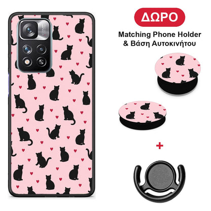 Black Cat Silhouettes and Hearts on Pink - Xiaomi Redmi Note 11 Pro+ 5G θήκη + Δώρο Phone Holder & Βάση Αυτοκινήτου