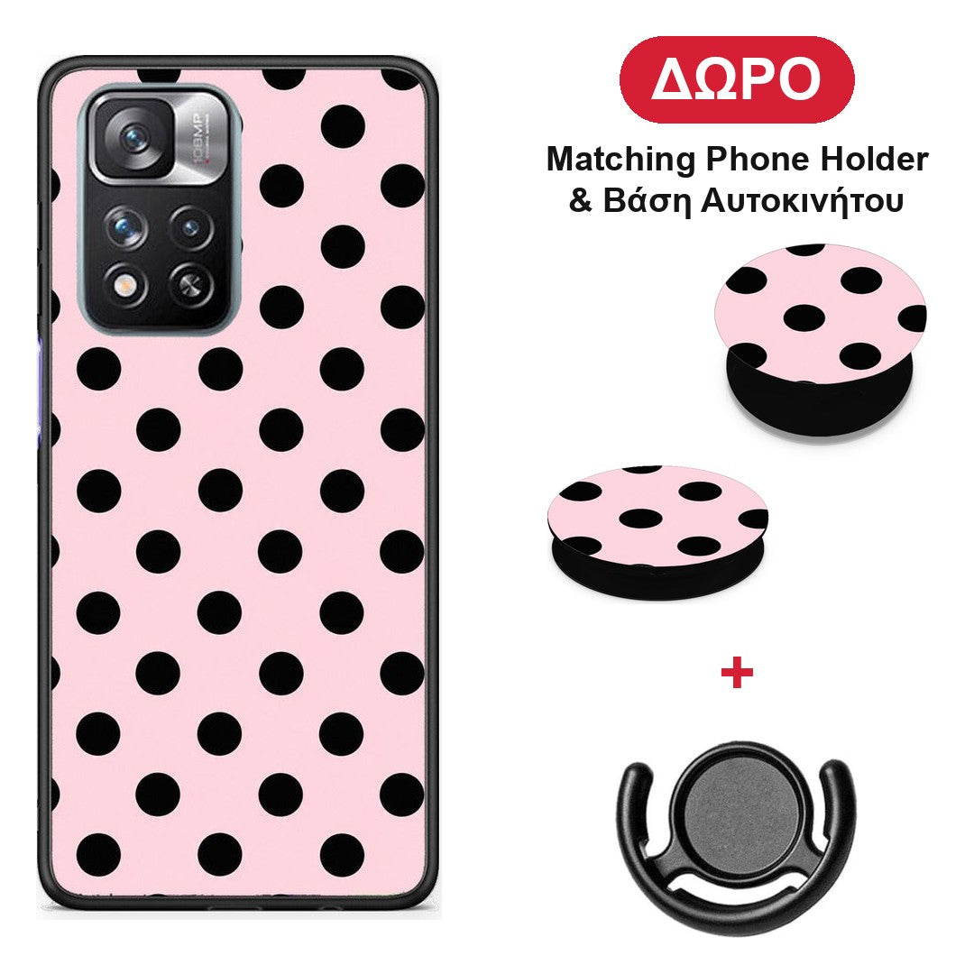 Black Polka Dots on Pink - Xiaomi Redmi Note 11 Pro+ 5G θήκη + Δώρο Phone Holder & Βάση Αυτοκινήτου