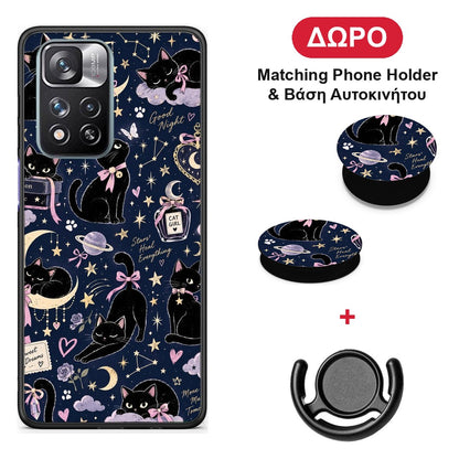 Celestial Black Cats on Navy - Xiaomi Redmi Note 11 Pro+ 5G θήκη + Δώρο Phone Holder & Βάση Αυτοκινήτου