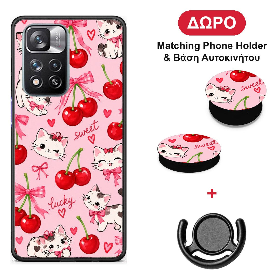 Cherries Bows and Kittens on Pink - Xiaomi Redmi Note 11 Pro+ 5G θήκη + Δώρο Phone Holder & Βάση Αυτοκινήτου