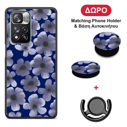 Pale Blue Flowers on Navy - Xiaomi Redmi Note 11 Pro+ 5G θήκη + Δώρο Phone Holder & Βάση Αυτοκινήτου