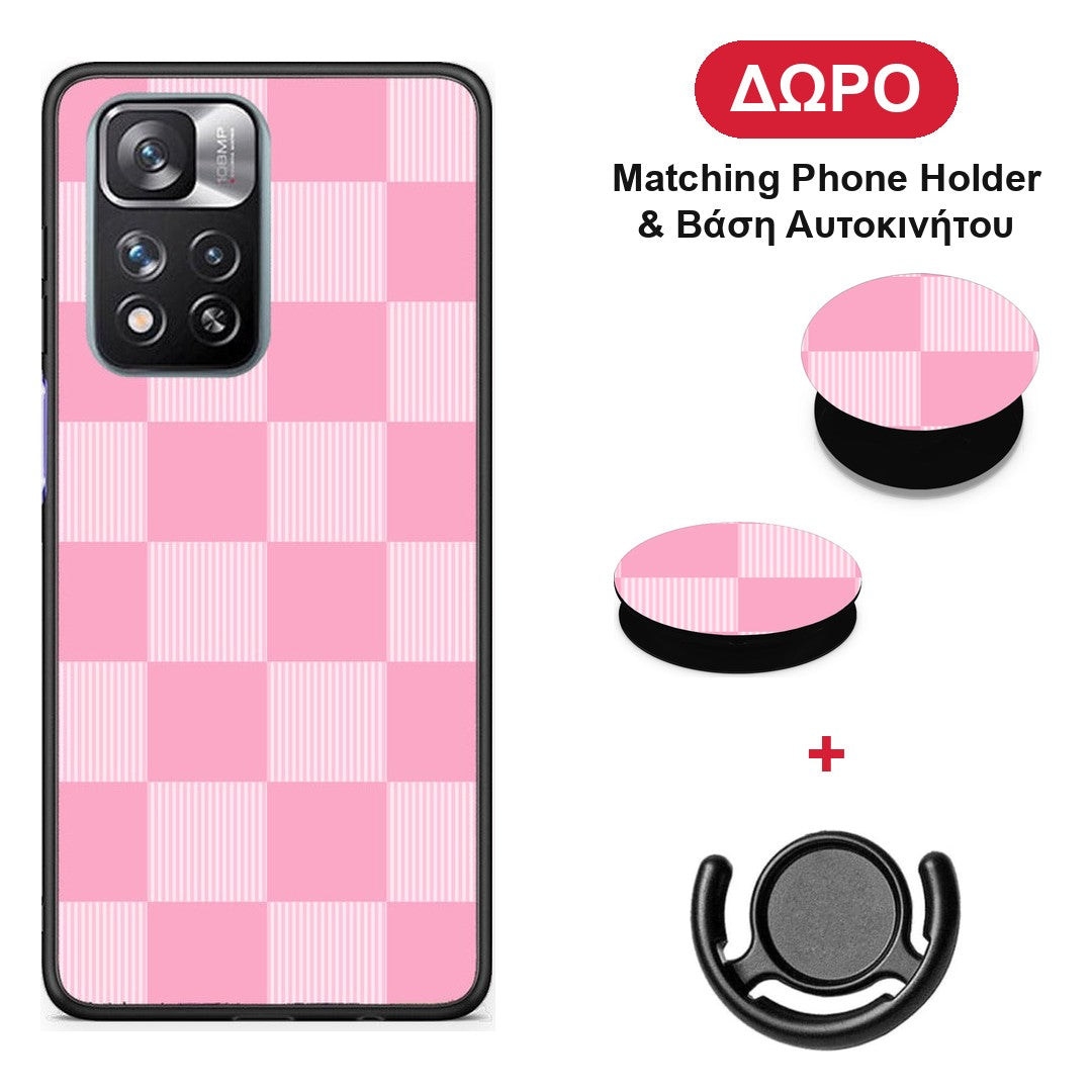 Pink and White Striped Checks - Xiaomi Redmi Note 11 Pro+ 5G θήκη + Δώρο Phone Holder & Βάση Αυτοκινήτου