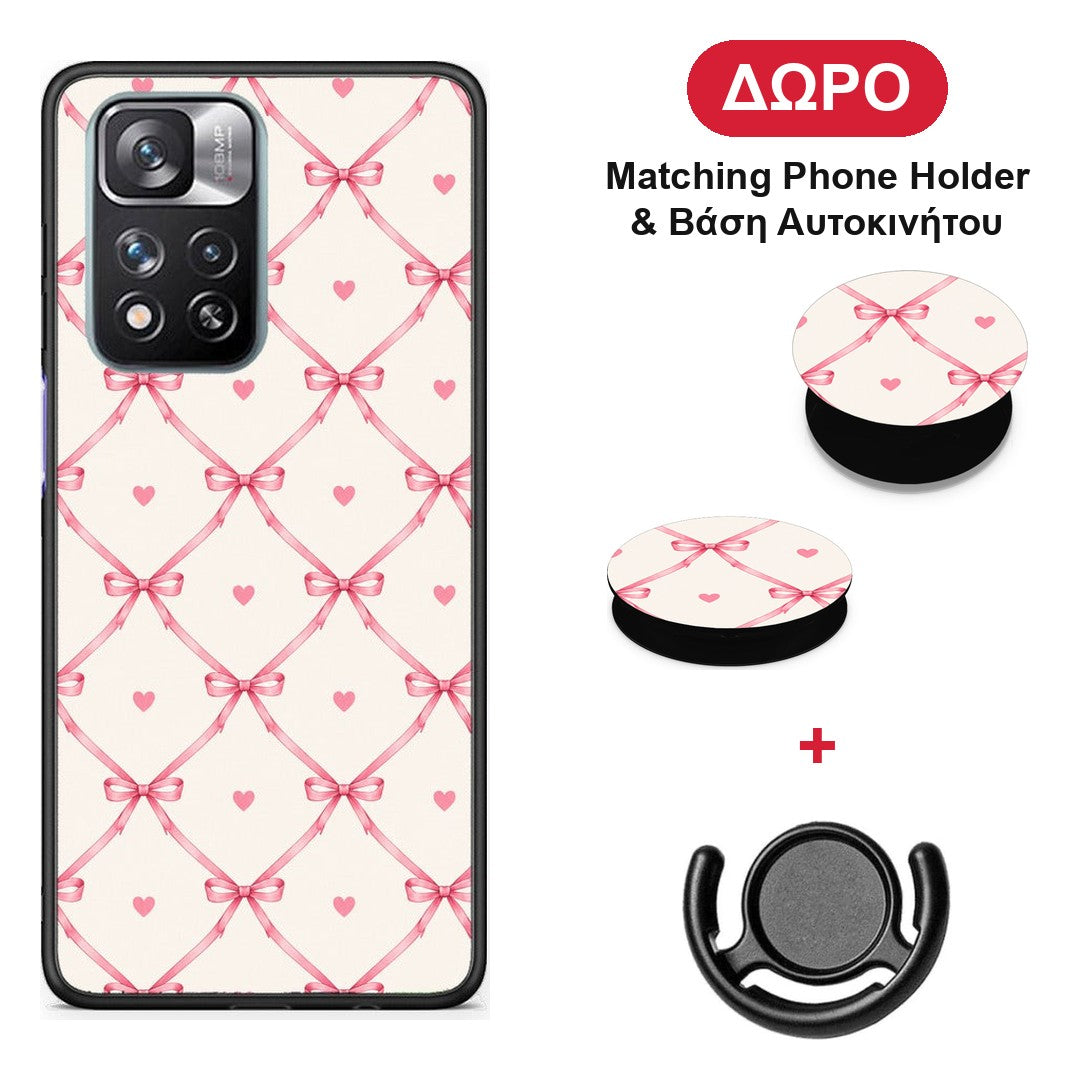 Pink Bow Lattice and Hearts on Cream - Xiaomi Redmi Note 11 Pro+ 5G θήκη + Δώρο Phone Holder & Βάση Αυτοκινήτου