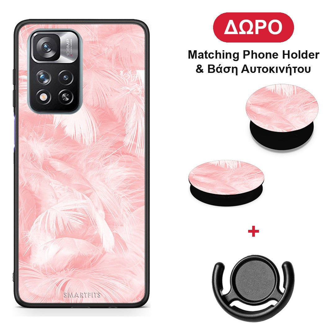 Boho Pink Feather - Xiaomi Redmi Note 11 Pro+ 5G θήκη + Δώρο Phone Holder & Βάση Αυτοκινήτου
