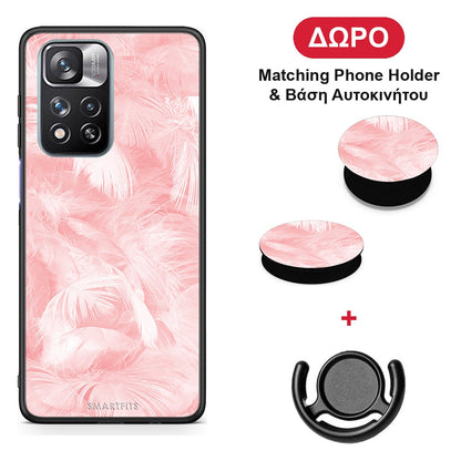 Boho Pink Feather - Xiaomi Redmi Note 11 Pro+ 5G θήκη + Δώρο Phone Holder & Βάση Αυτοκινήτου