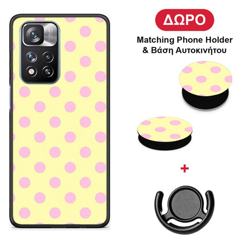 Pink Polka Dots on Yellow - Xiaomi Redmi Note 11 Pro+ 5G θήκη + Δώρο Phone Holder & Βάση Αυτοκινήτου