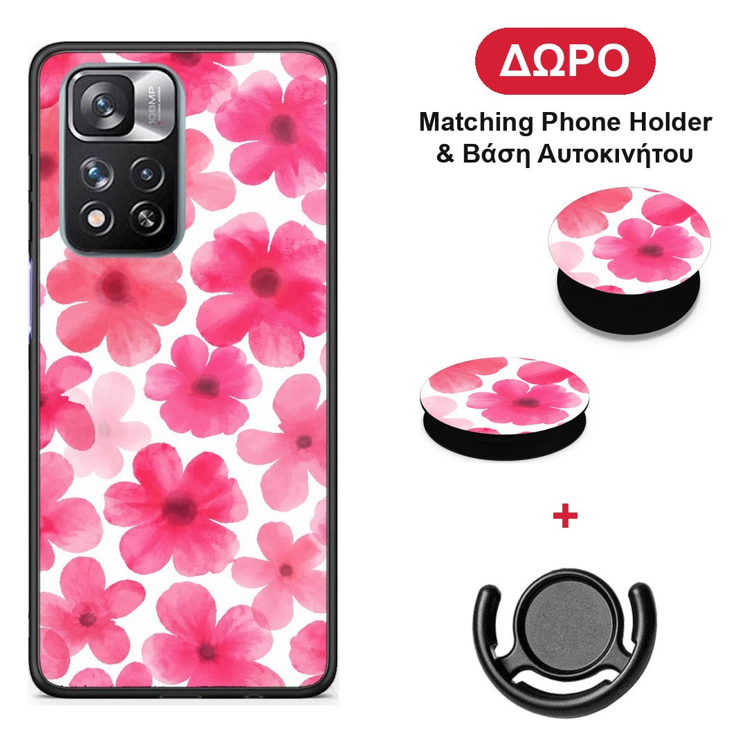 Pink Watercolour Flowers on White - Xiaomi Redmi Note 11 Pro+ 5G θήκη + Δώρο Phone Holder & Βάση Αυτοκινήτου