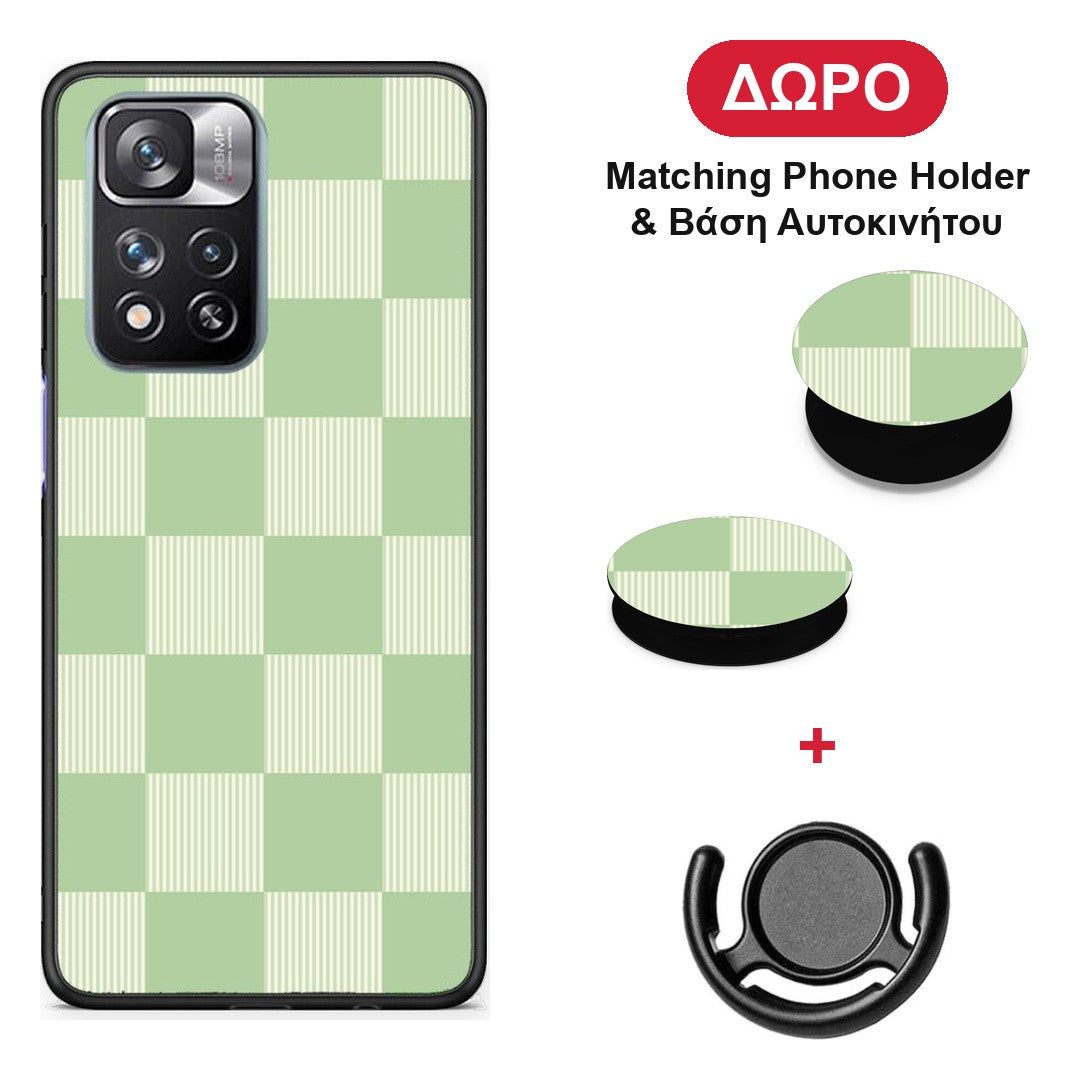 Sage and Cream Striped Checks - Xiaomi Redmi Note 11 Pro+ 5G θήκη + Δώρο Phone Holder & Βάση Αυτοκινήτου