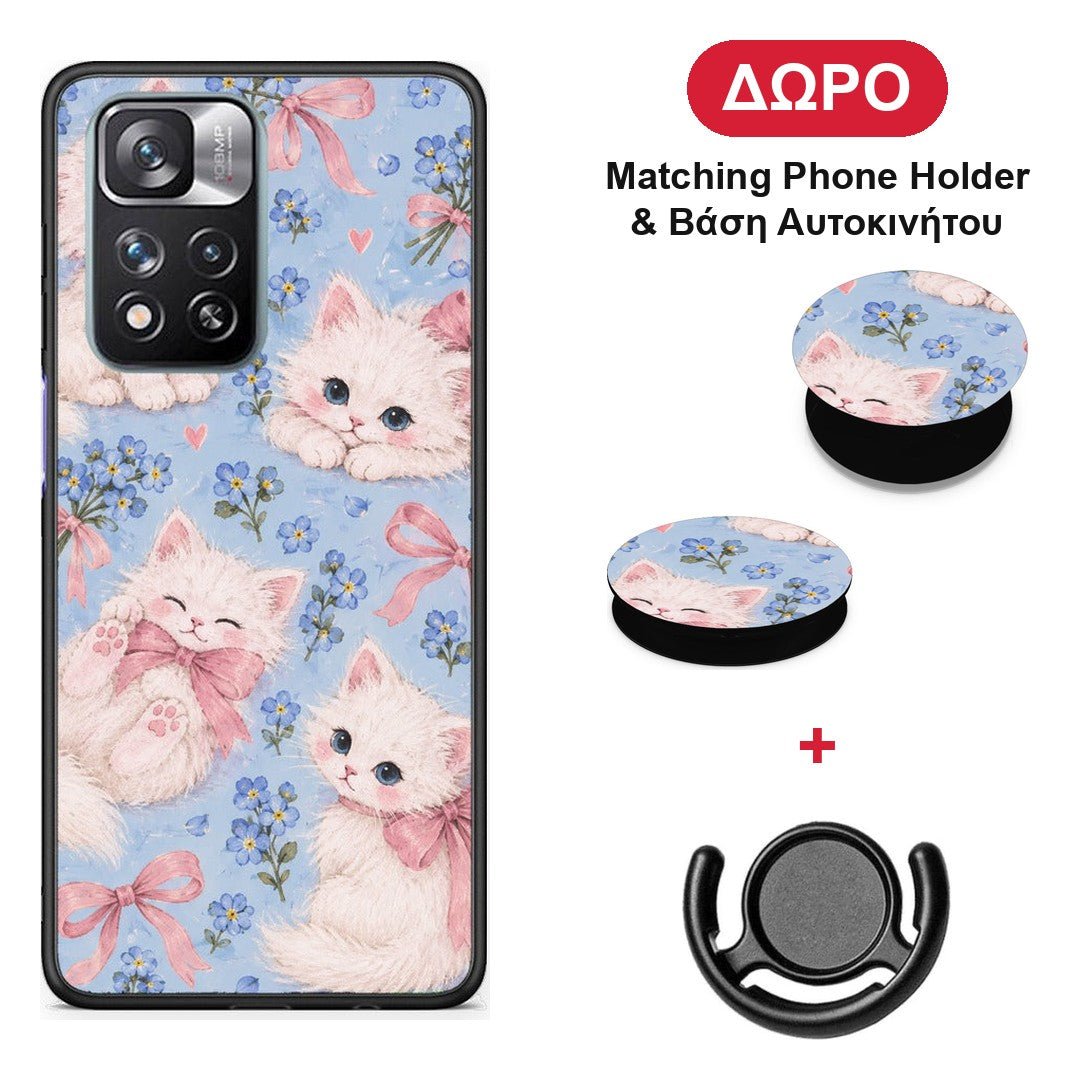 White Kittens and Blue Flowers Large - Xiaomi Redmi Note 11 Pro+ 5G θήκη + Δώρο Phone Holder & Βάση Αυτοκινήτου