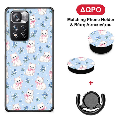White Kittens and Blue Flowers Small - Xiaomi Redmi Note 11 Pro+ 5G θήκη + Δώρο Phone Holder & Βάση Αυτοκινήτου