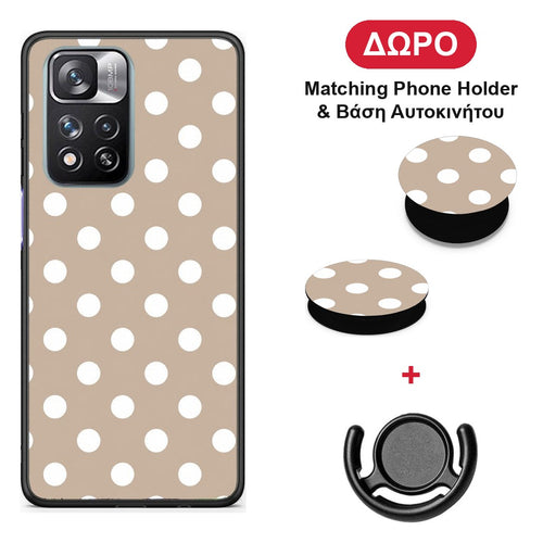 White Polka Dots on Taupe - Xiaomi Redmi Note 11 Pro+ 5G θήκη + Δώρο Phone Holder & Βάση Αυτοκινήτου