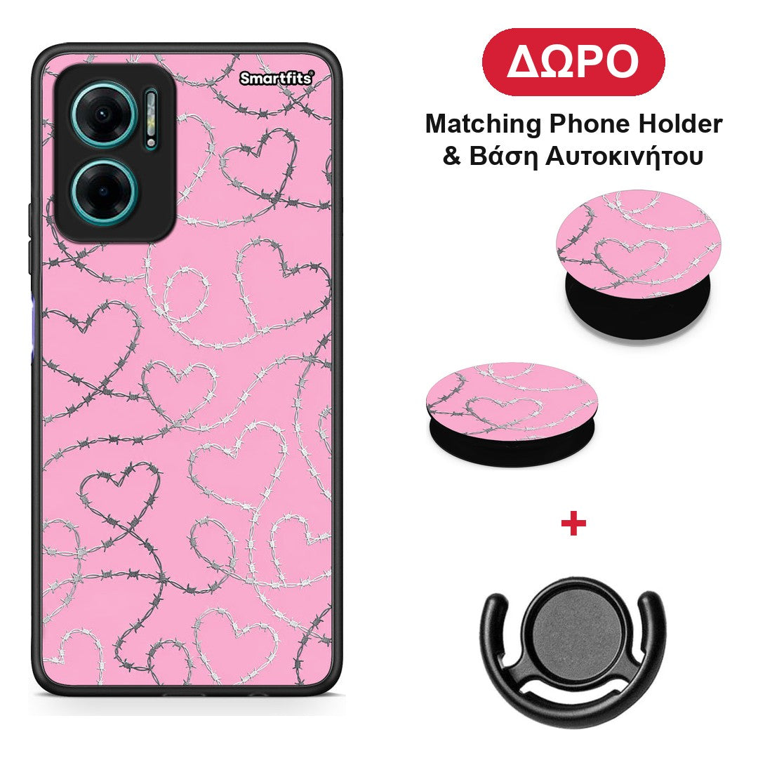 Barbed Wire Hearts on Pink - Xiaomi Redmi Note 11E θήκη + Δώρο Phone Holder & Βάση Αυτοκινήτου