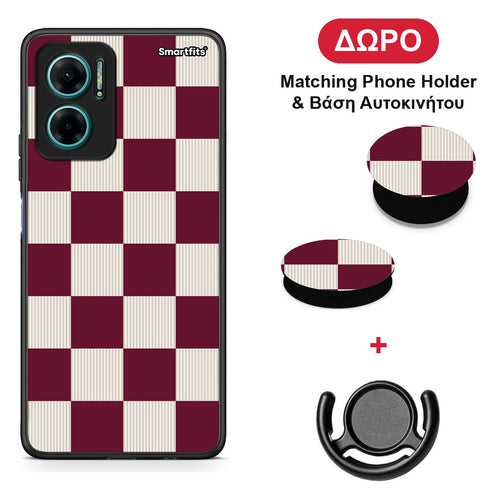 Burgundy and Cream Striped Checks - Xiaomi Redmi Note 11E θήκη + Δώρο Phone Holder & Βάση Αυτοκινήτου