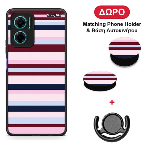 Burgundy Pink and Blue Horizontal Stripes - Xiaomi Redmi Note 11E θήκη + Δώρο Phone Holder & Βάση Αυτοκινήτου