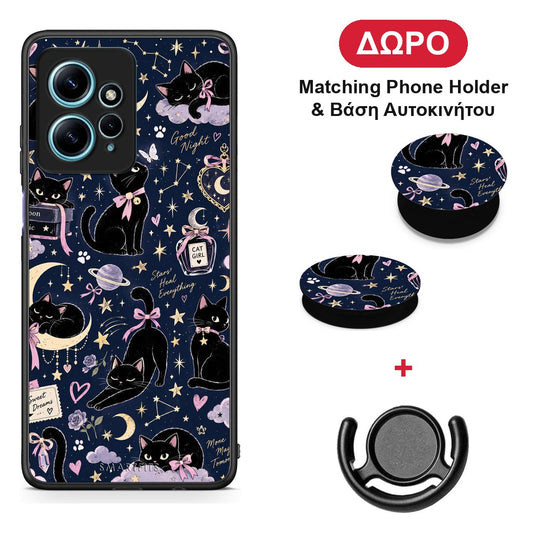 Celestial Black Cats on Navy - Xiaomi Redmi Note 12 4G θήκη + Δώρο Phone Holder & Βάση Αυτοκινήτου