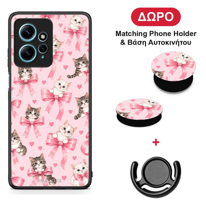 Kittens and Pink Bows on Pink - Xiaomi Redmi Note 12 4G θήκη + Δώρο Phone Holder & Βάση Αυτοκινήτου