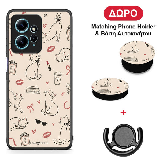 Minimal Cat and Fashion Doodles on Cream - Xiaomi Redmi Note 12 4G θήκη + Δώρο Phone Holder & Βάση Αυτοκινήτου