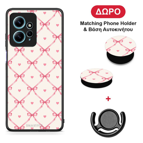 Pink Bow Lattice and Hearts on Cream - Xiaomi Redmi Note 12 4G θήκη + Δώρο Phone Holder & Βάση Αυτοκινήτου