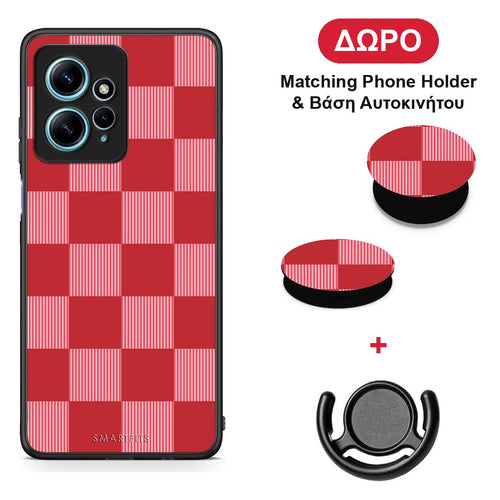 Red and Pink Striped Checks - Xiaomi Redmi Note 12 4G θήκη + Δώρο Phone Holder & Βάση Αυτοκινήτου