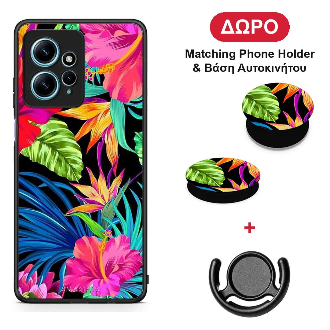 Tropical Flowers - Xiaomi Redmi Note 12 4G θήκη + Δώρο Phone Holder & Βάση Αυτοκινήτου