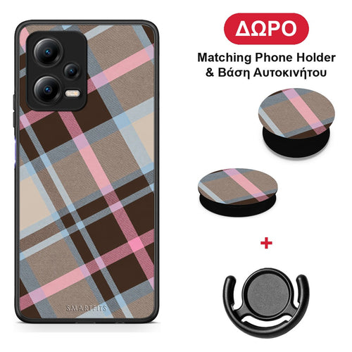 Brown Pink and Blue Diagonal Plaid - Xiaomi Redmi Note 12 5G θήκη + Δώρο Phone Holder & Βάση Αυτοκινήτου