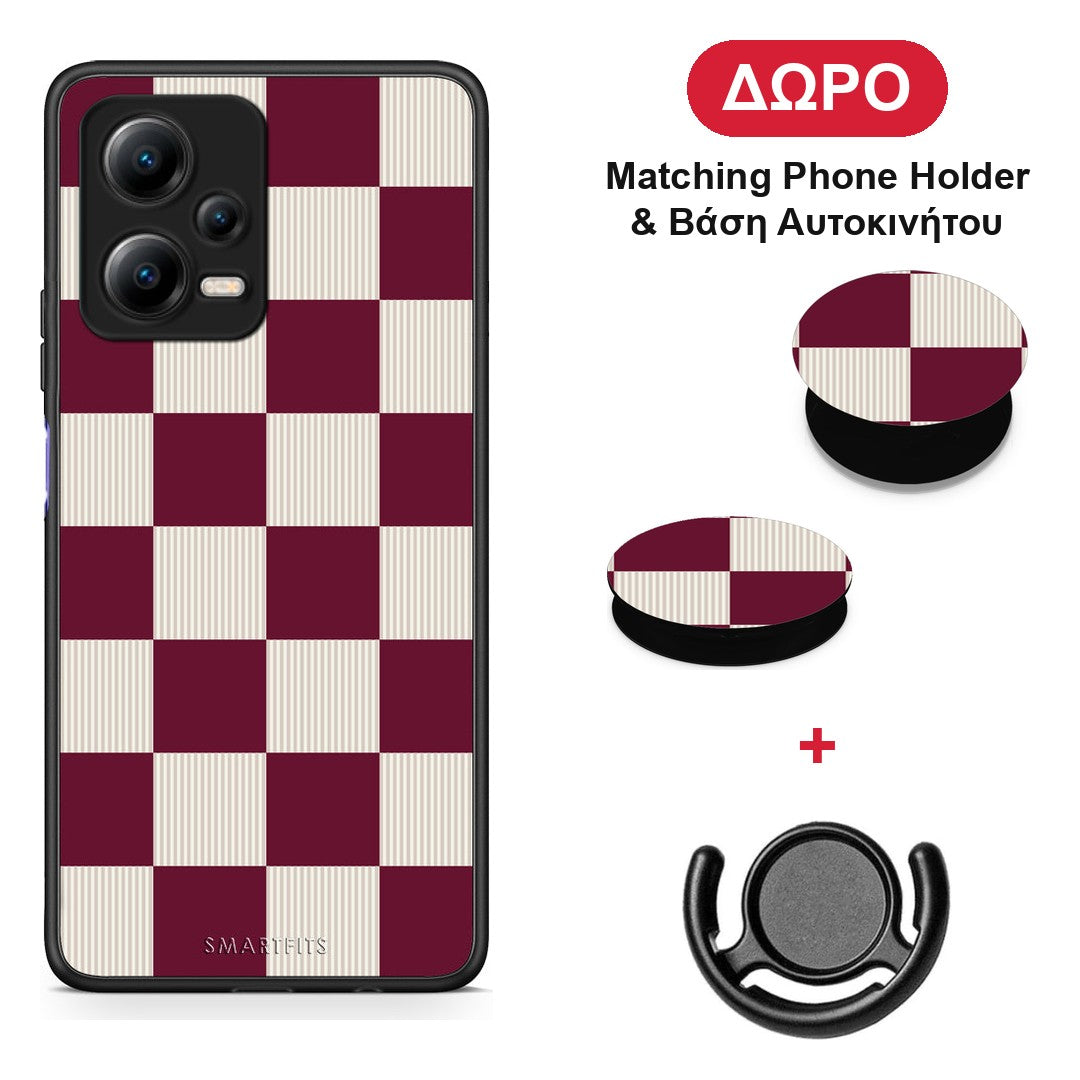 Burgundy and Cream Striped Checks - Xiaomi Redmi Note 12 5G θήκη + Δώρο Phone Holder & Βάση Αυτοκινήτου