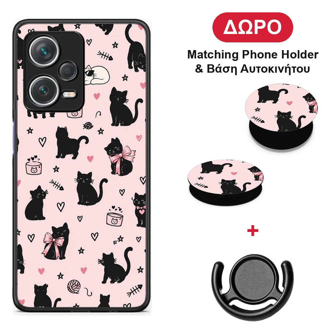 Black Cat Doodles on Pink - Xiaomi Redmi Note 12 Pro+ / 12 Pro Discovery θήκη + Δώρο Phone Holder & Βάση Αυτοκινήτου