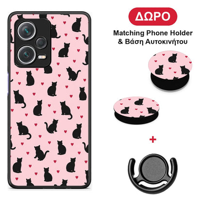 Black Cat Silhouettes and Hearts on Pink - Xiaomi Redmi Note 12 Pro+ / 12 Pro Discovery θήκη + Δώρο Phone Holder & Βάση Αυτοκινήτου