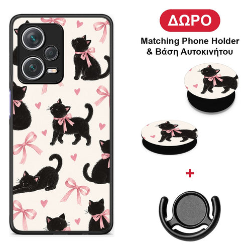 Black Kittens and Pink Bows on Cream Large - Xiaomi Redmi Note 12 Pro+ / 12 Pro Discovery θήκη + Δώρο Phone Holder & Βάση Αυτοκινήτου