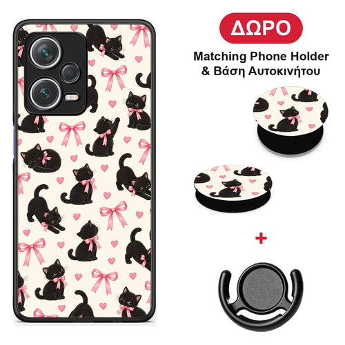 Black Kittens and Pink Bows on Cream Small - Xiaomi Redmi Note 12 Pro+ / 12 Pro Discovery θήκη + Δώρο Phone Holder & Βάση Αυτοκινήτου