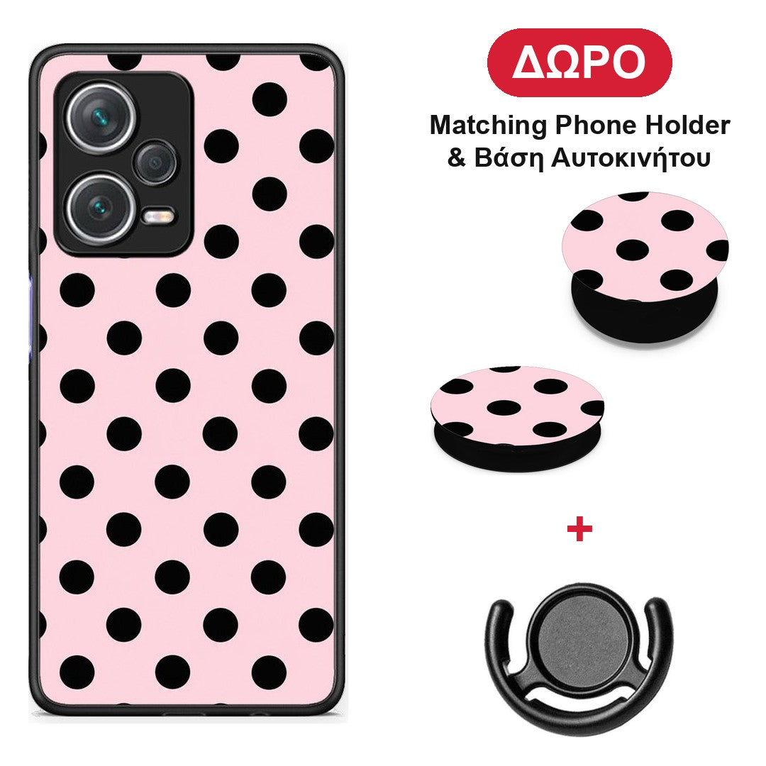 Black Polka Dots on Pink - Xiaomi Redmi Note 12 Pro+ / 12 Pro Discovery θήκη + Δώρο Phone Holder & Βάση Αυτοκινήτου