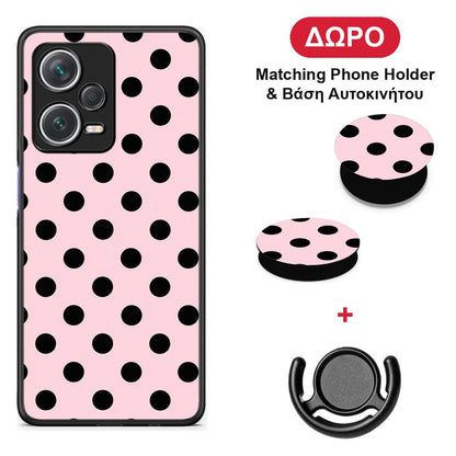 Black Polka Dots on Pink - Xiaomi Redmi Note 12 Pro+ / 12 Pro Discovery θήκη + Δώρο Phone Holder & Βάση Αυτοκινήτου