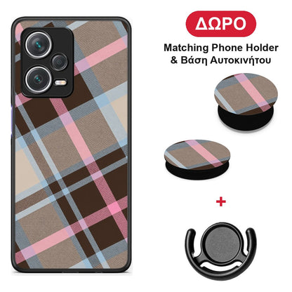 Brown Pink and Blue Diagonal Plaid - Xiaomi Redmi Note 12 Pro+ / 12 Pro Discovery θήκη + Δώρο Phone Holder & Βάση Αυτοκινήτου