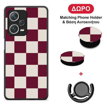 Burgundy and Cream Striped Checks - Xiaomi Redmi Note 12 Pro+ / 12 Pro Discovery θήκη + Δώρο Phone Holder & Βάση Αυτοκινήτου