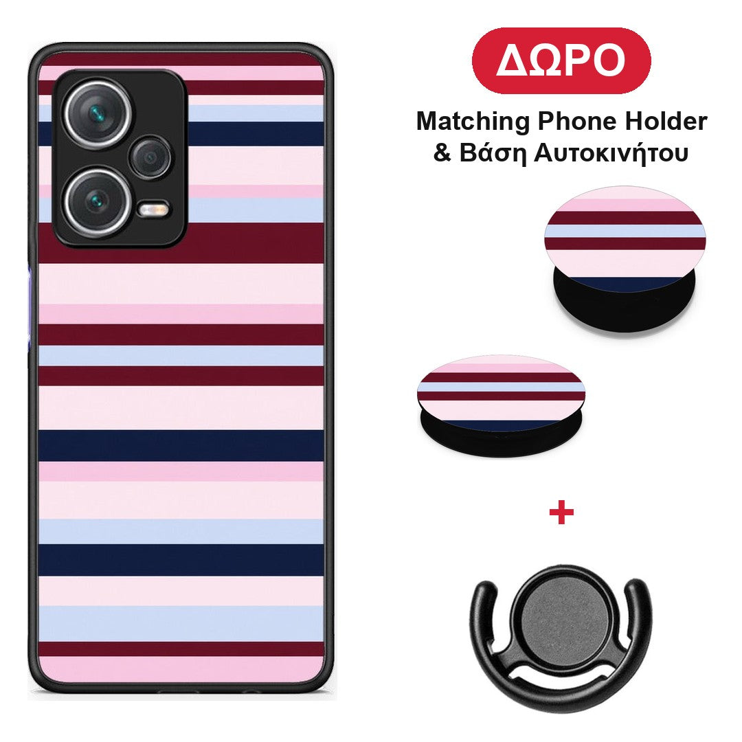 Burgundy Pink and Blue Horizontal Stripes - Xiaomi Redmi Note 12 Pro+ / 12 Pro Discovery θήκη + Δώρο Phone Holder & Βάση Αυτοκινήτου
